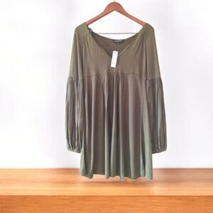 Chaudry NWT Pleated Balloon Sleeve Dress Olive Green Boho Romantic XS